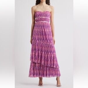 Hutch Pink and Purple Print Plisse Layered Ruffle Maxi Dress